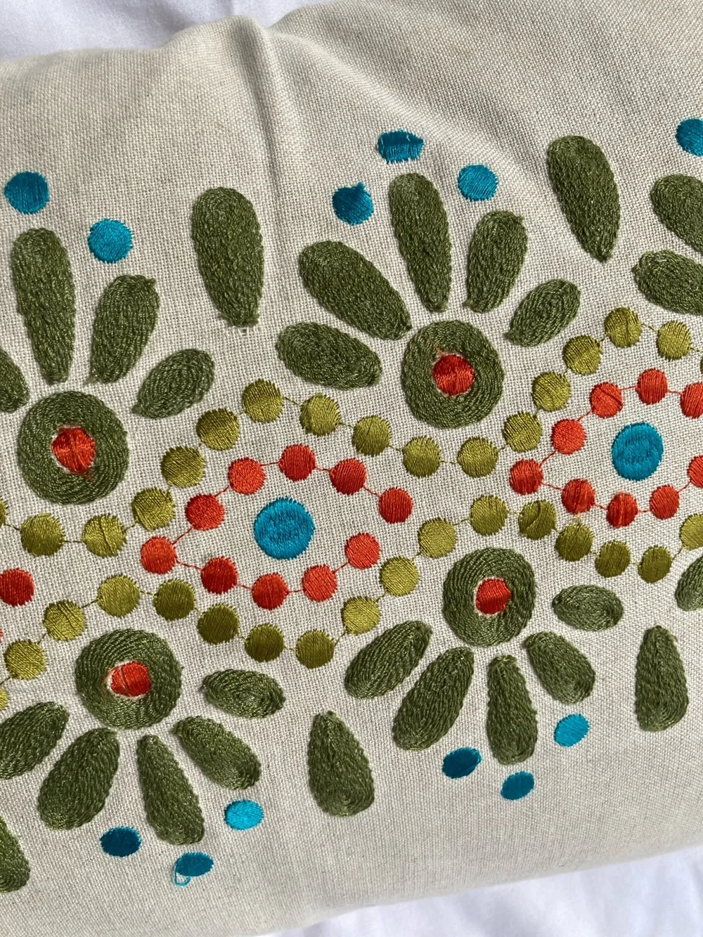 CRATE and  BARREL Embroidered Lumbar Pillow  Boho Linen Cotton 17 x 11 inches